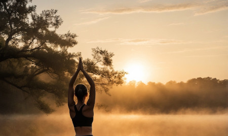 Kobieta ćwicząca jogę o wschodzie słońca na pomoście.